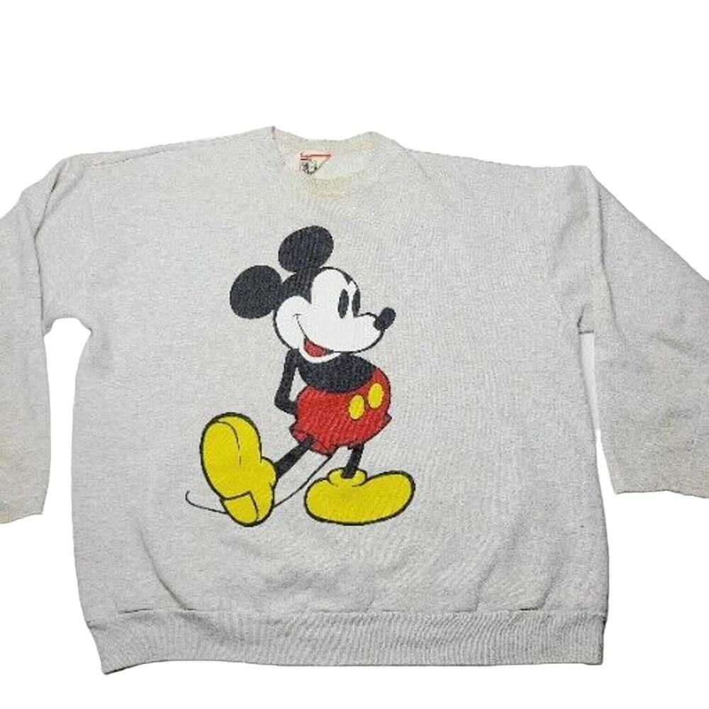 Vintage Disney Mickey Mouse Crew Neck Sweatshirt Sweater Gray USA Distressed